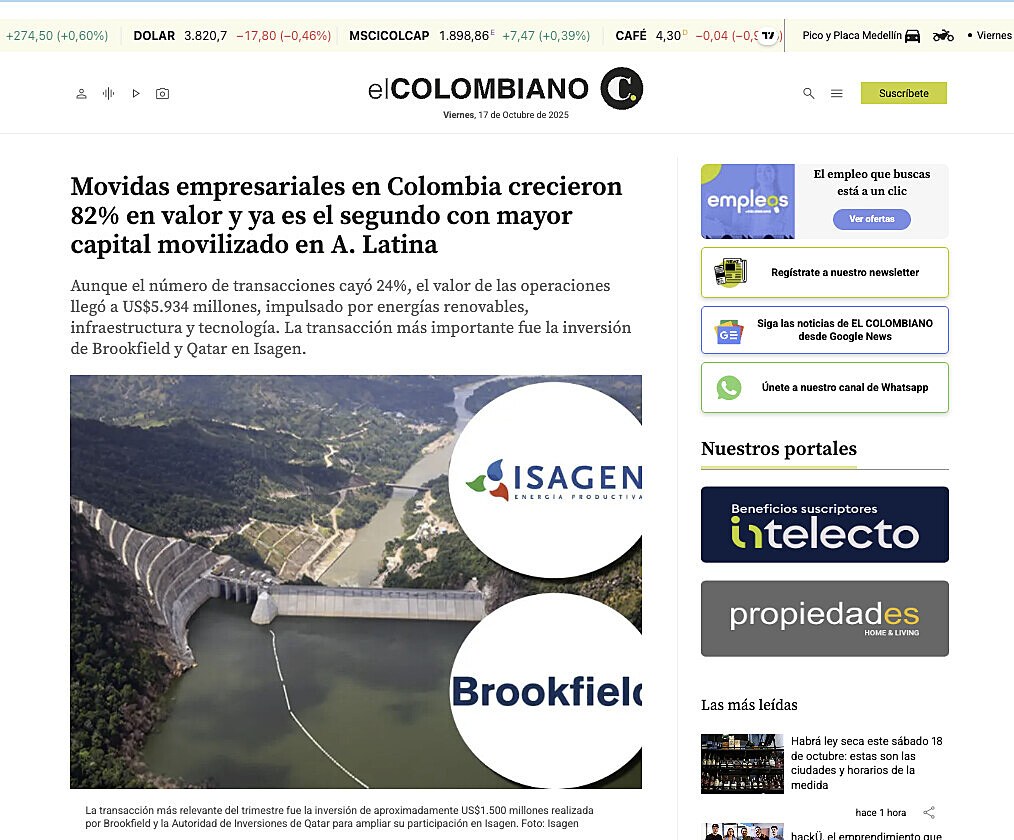 Movidas empresariales en Colombia crecieron 82% en valor y ya es el segundo con mayor capital movilizado en A. Latina